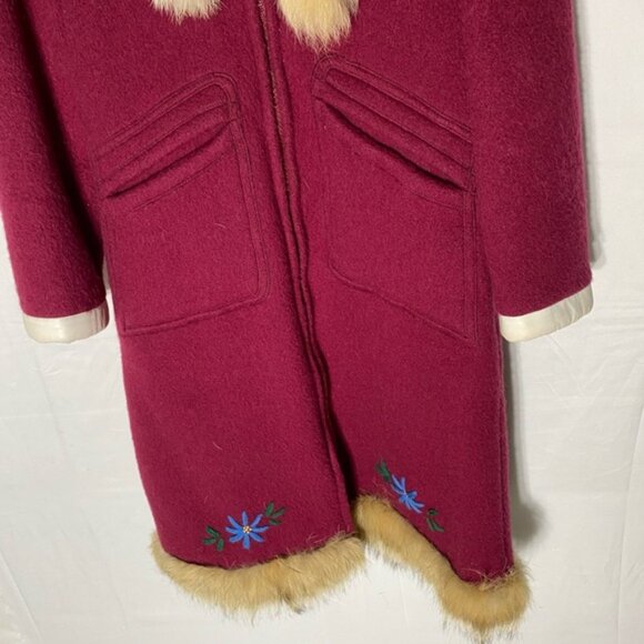 Vintage Kelsey Trail Burgundy Wool Embroidered Zip Front Parka W Fur Trim M - Picture 10 of 16